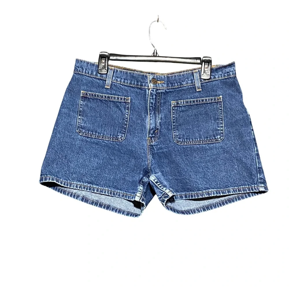 Vintage Levis 90s High Waisted Denim Shorts Sz 12 Blue Medium Wash Patch Pockets - Picture 1 of 9